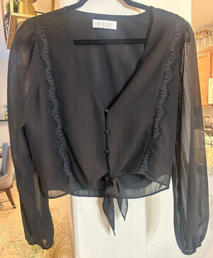 Wayf Black Chiffon Tie Front Cropped Blouse Size M Top 6-10